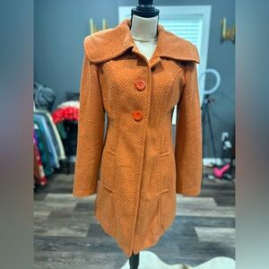 Anthropologie Tulle Peacoat Large Orange Wool Blend Long Jacket Coat Tweed